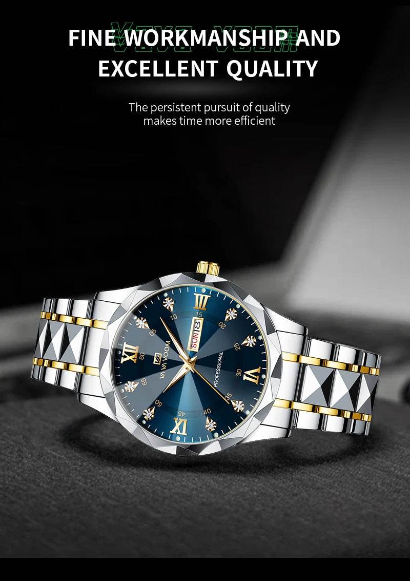 Men Watch Water Diamond Luxury Night Glow Double Calendar Quartz - Lux Waches Max