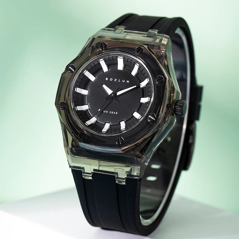 BOZLUN Fashion Quartz Watch For Men Women Transparent Crystal Case Stylish Unisex Wristwatches Rubber Strap Band