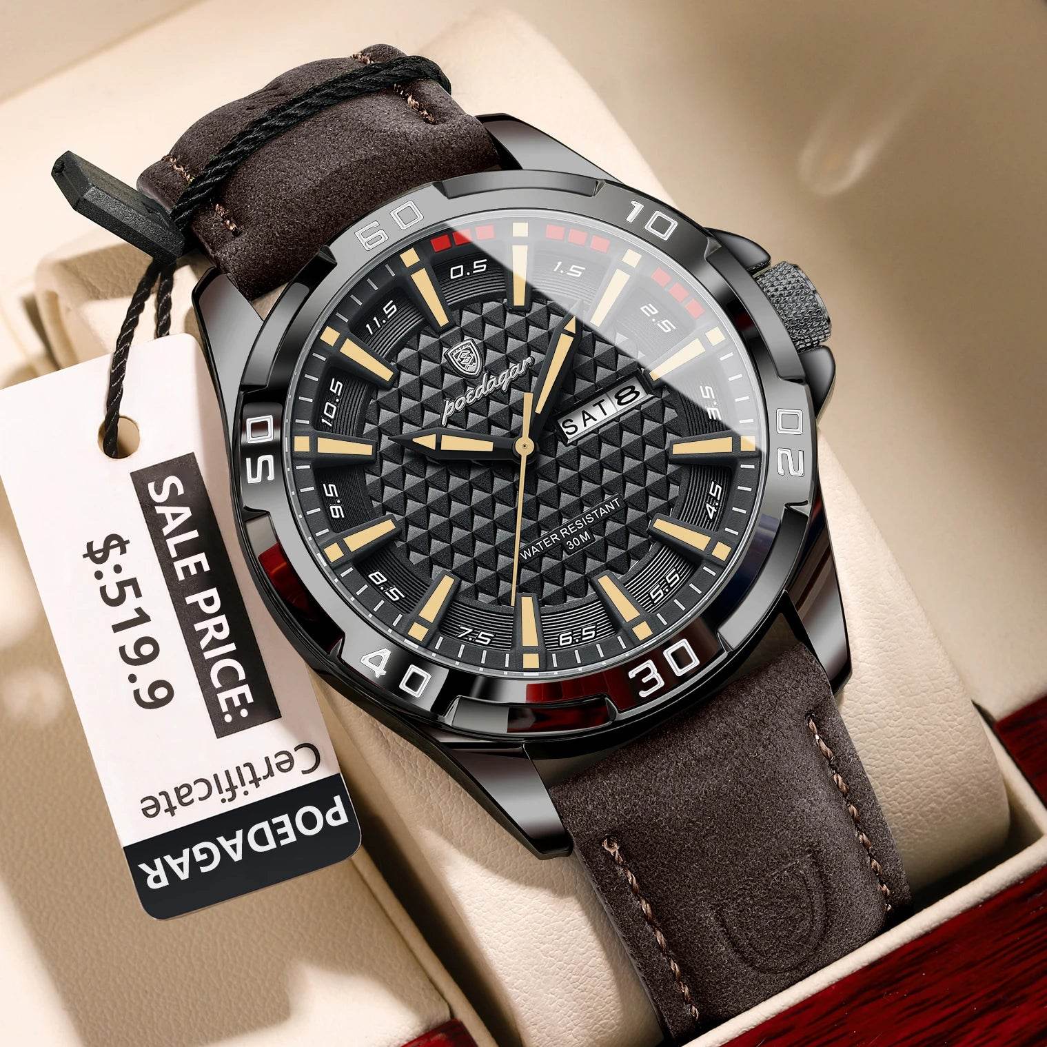 POEDAGAR Original Man Wristwatch Top Luxury Waterproof Luminous Date Week Watch For Men Quartz Sport Leather Men's Watches Reloj - Lux Waches Max