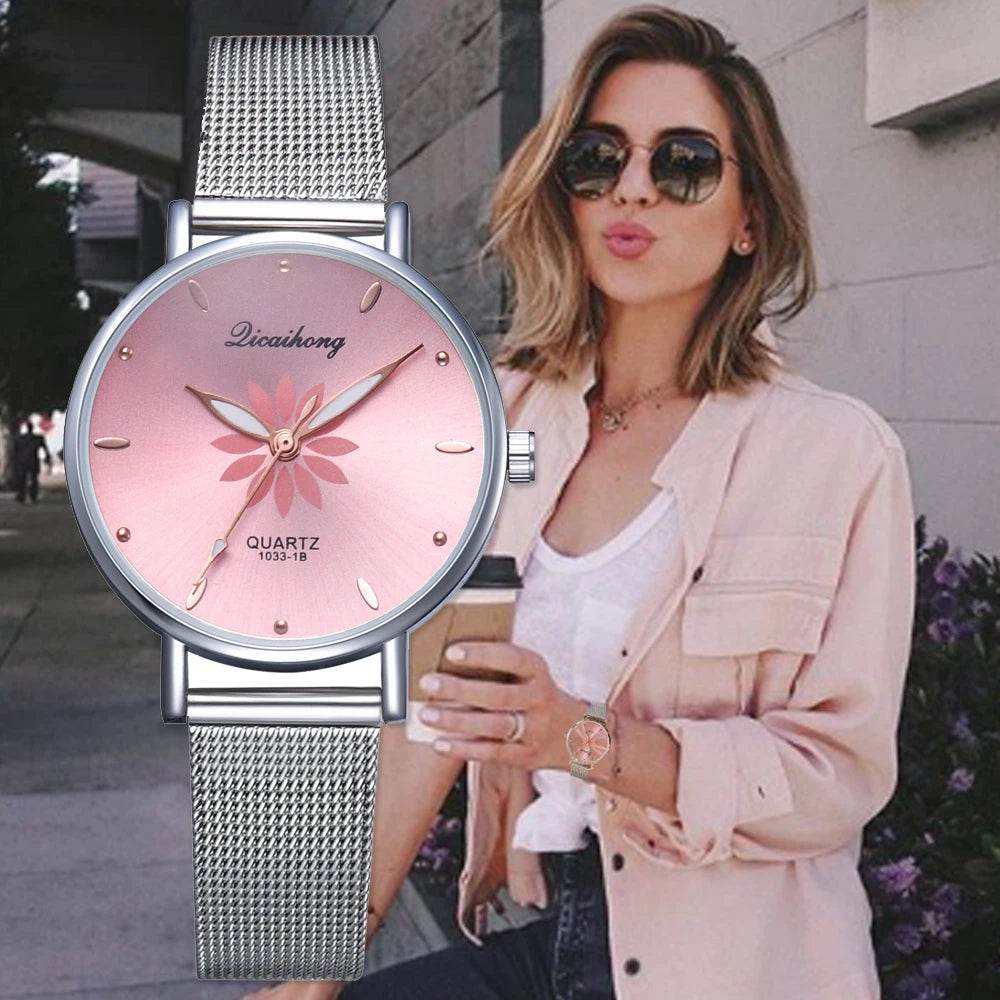 Watches For Women Luxury Silver Popular Pink Dial Flowers Metal Ladies Bracelet Quartz - Lux Waches Max