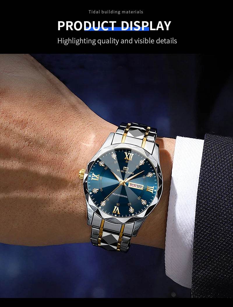 Men Watch Water Diamond Luxury Night Glow Double Calendar Quartz - Lux Waches Max