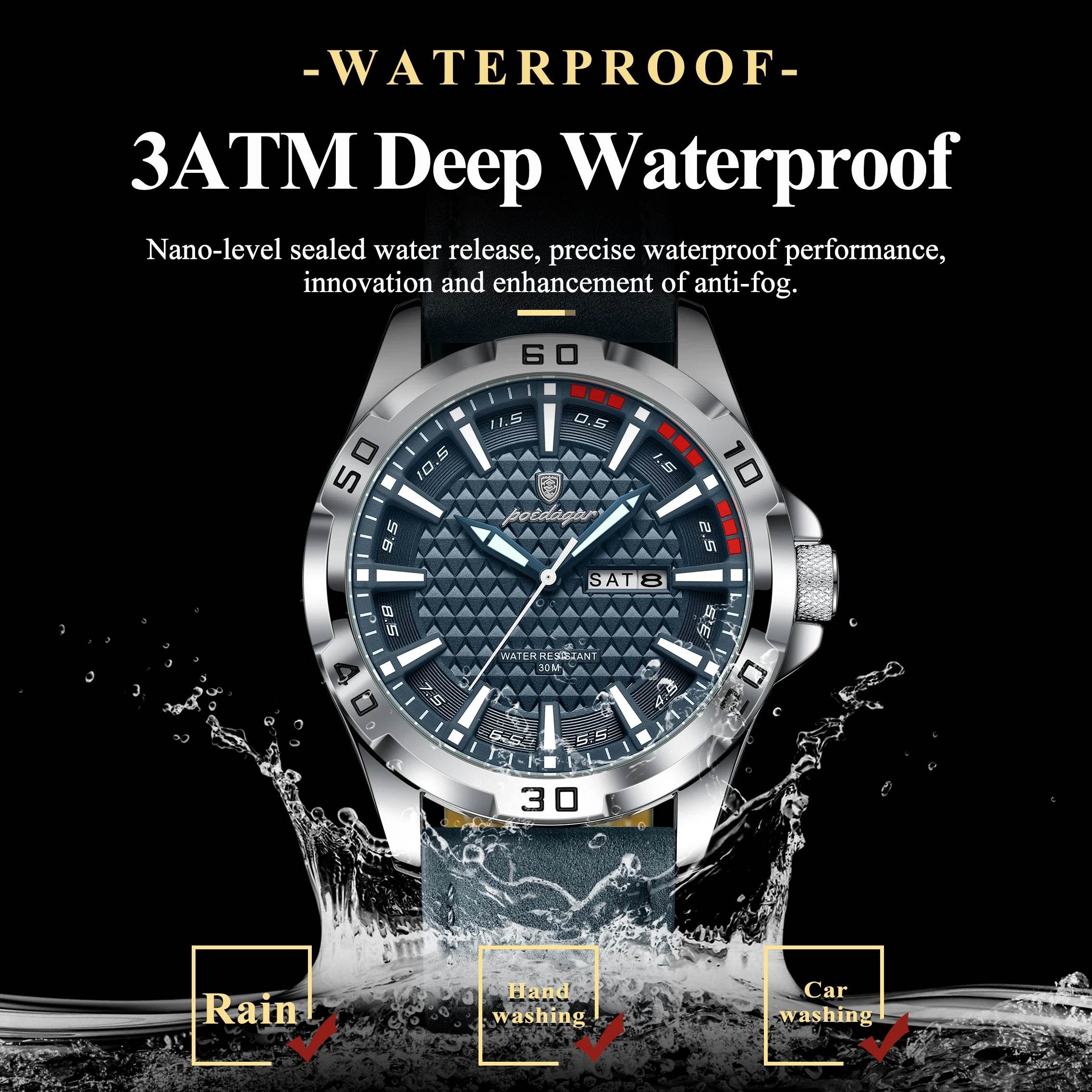 POEDAGAR Original Man Wristwatch Top Luxury Waterproof Luminous Date Week Watch For Men Quartz Sport Leather Men's Watches Reloj - Lux Waches Max