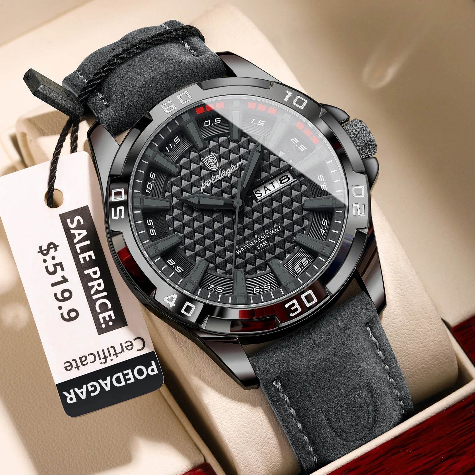 POEDAGAR Original Man Wristwatch Top Luxury Waterproof Luminous Date Week Watch For Men Quartz Sport Leather Men's Watches Reloj - Lux Waches Max