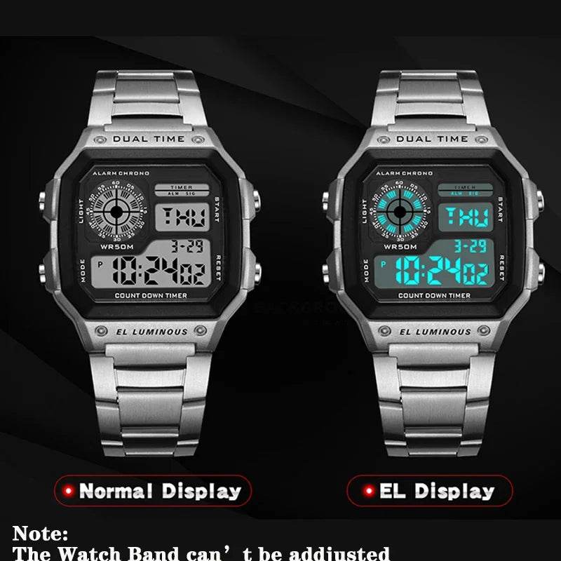 YIKAZE Luxury Stainless Steel Strap Sport Watches Men Military Digital Watches Waterproof Clock LED Men's Sport Wristwatch - Lux Waches Max