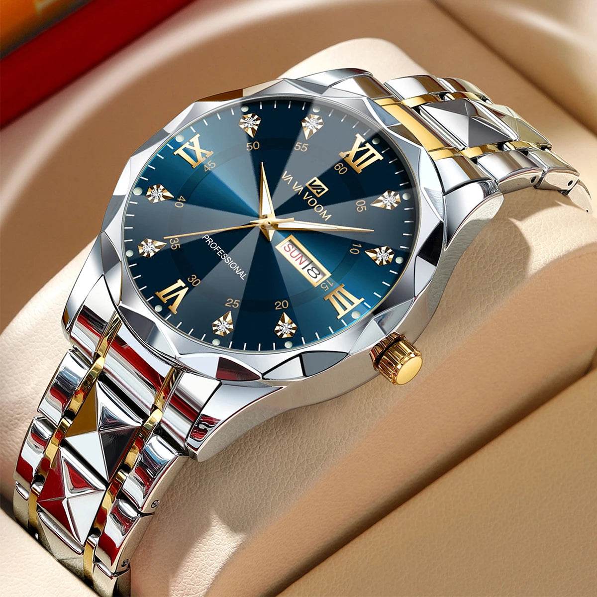 Men Watch Water Diamond Luxury Night Glow Double Calendar Quartz - Lux Waches Max