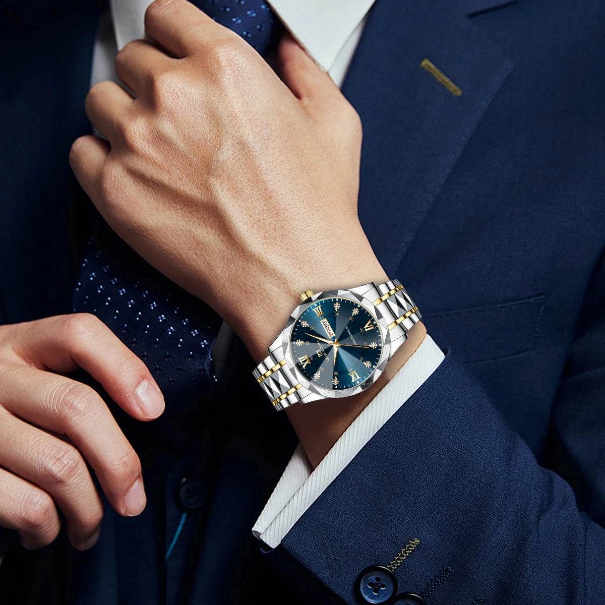 Men Watch Water Diamond Luxury Night Glow Double Calendar Quartz - Lux Waches Max