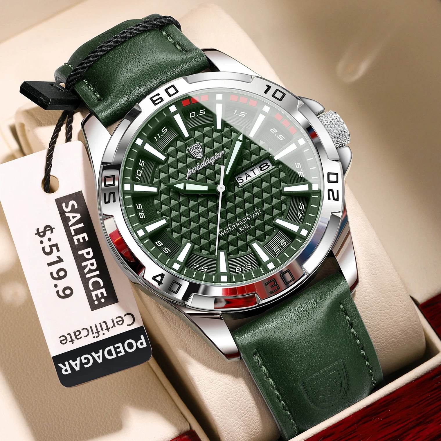 POEDAGAR Original Man Wristwatch Top Luxury Waterproof Luminous Date Week Watch For Men Quartz Sport Leather Men's Watches Reloj - Lux Waches Max