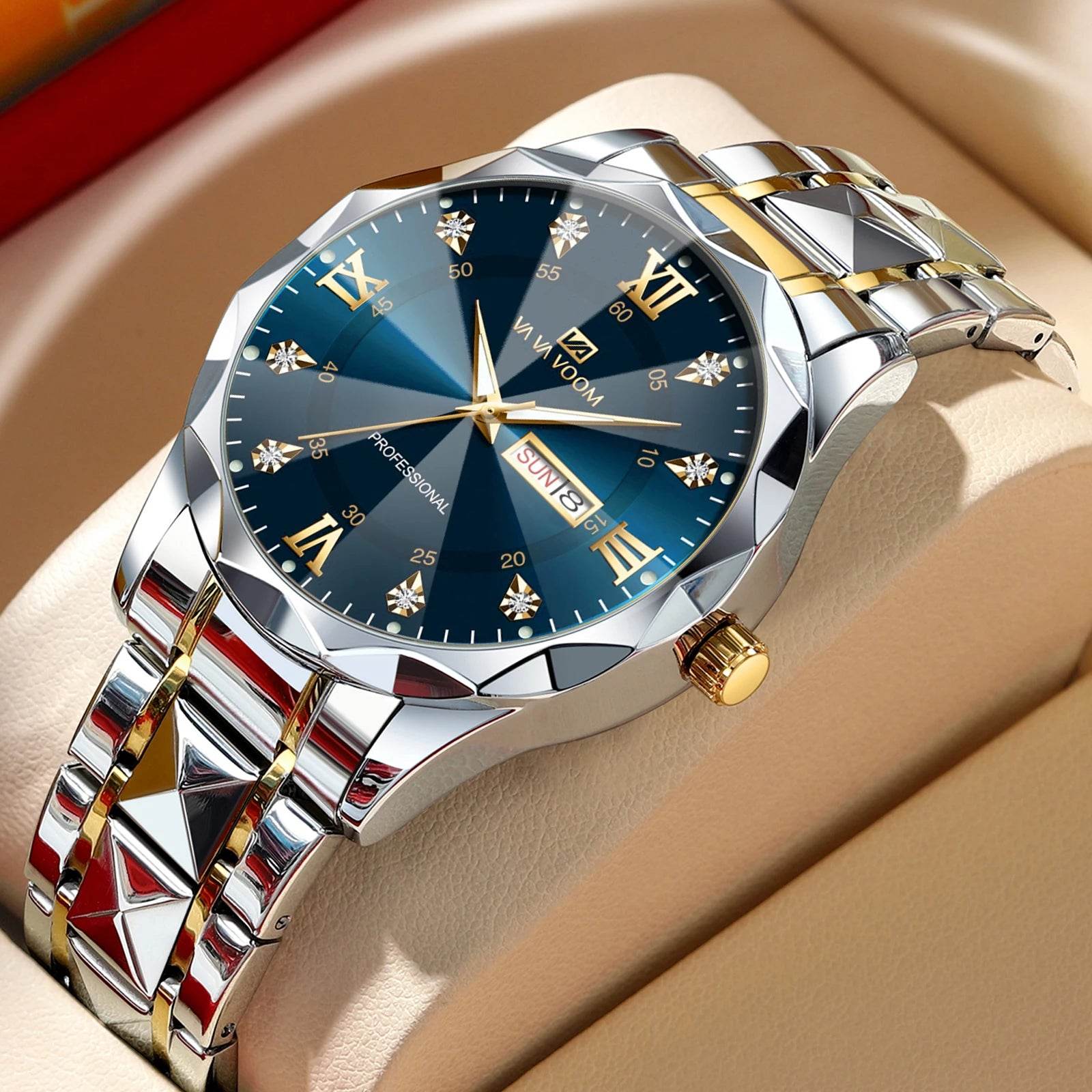 Men Watch Water Diamond Luxury Night Glow Double Calendar Quartz - Lux Waches Max