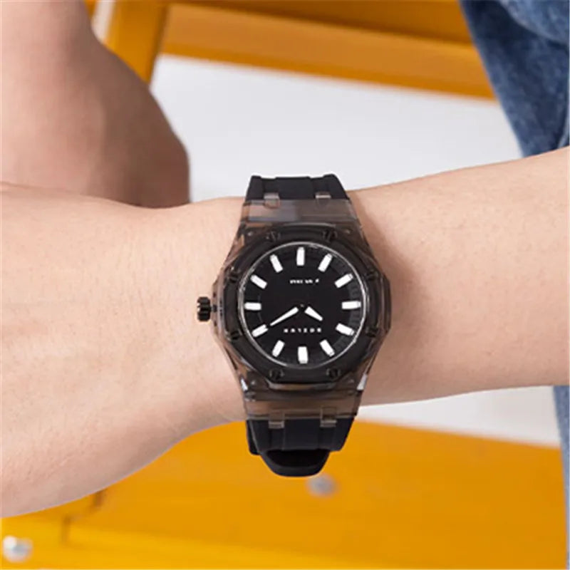 BOZLUN Fashion Quartz Watch For Men Women Transparent Crystal Case Stylish Unisex Wristwatches Rubber Strap Band