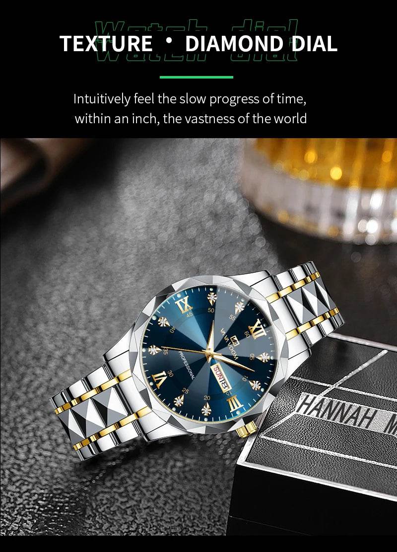 Men Watch Water Diamond Luxury Night Glow Double Calendar Quartz - Lux Waches Max