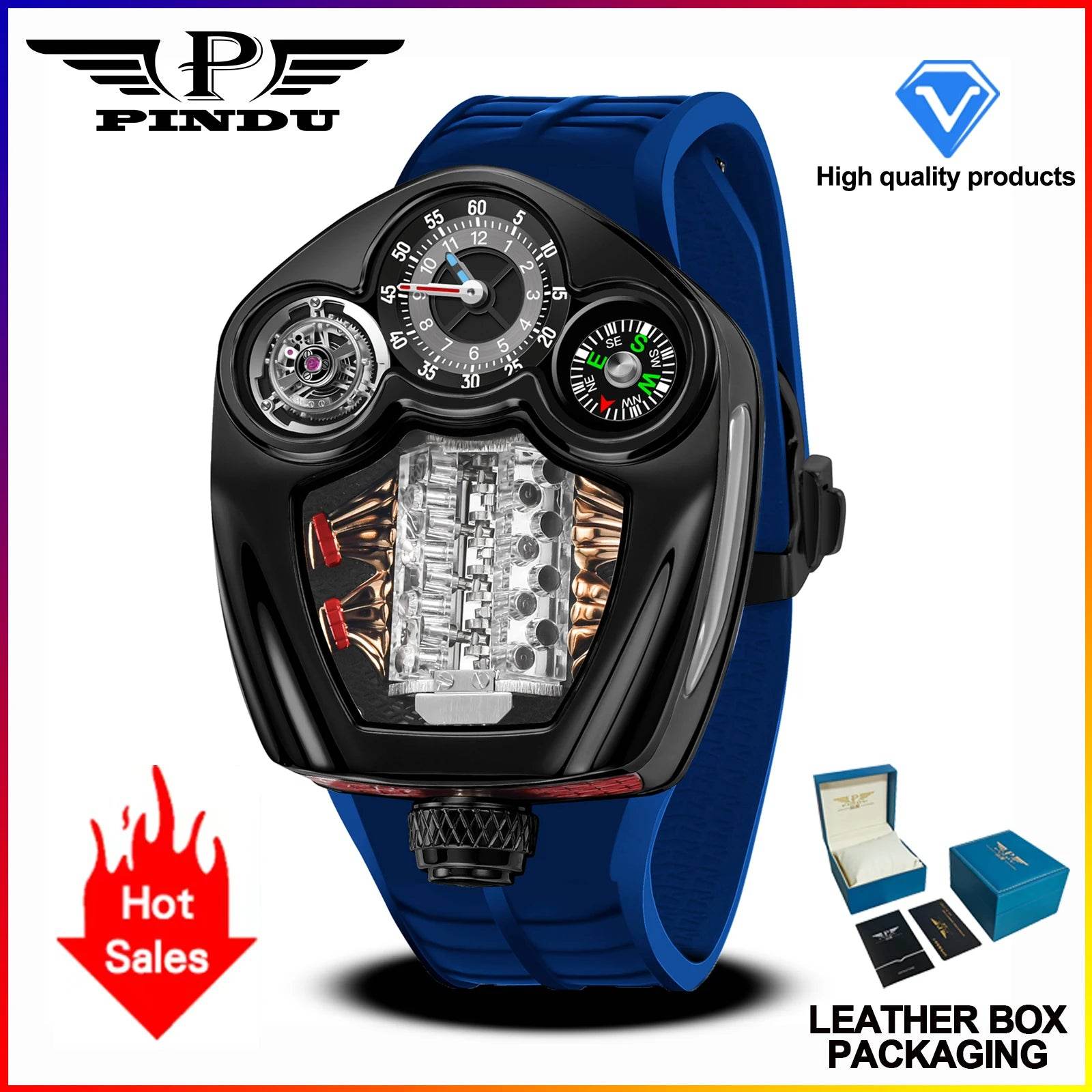 PINDU Design NEW Engine Series Quartz Watch Men TOP-luxurious Stainless steel Compass Waterproof Swiss quartz 762 movement watch - Lux Waches Max