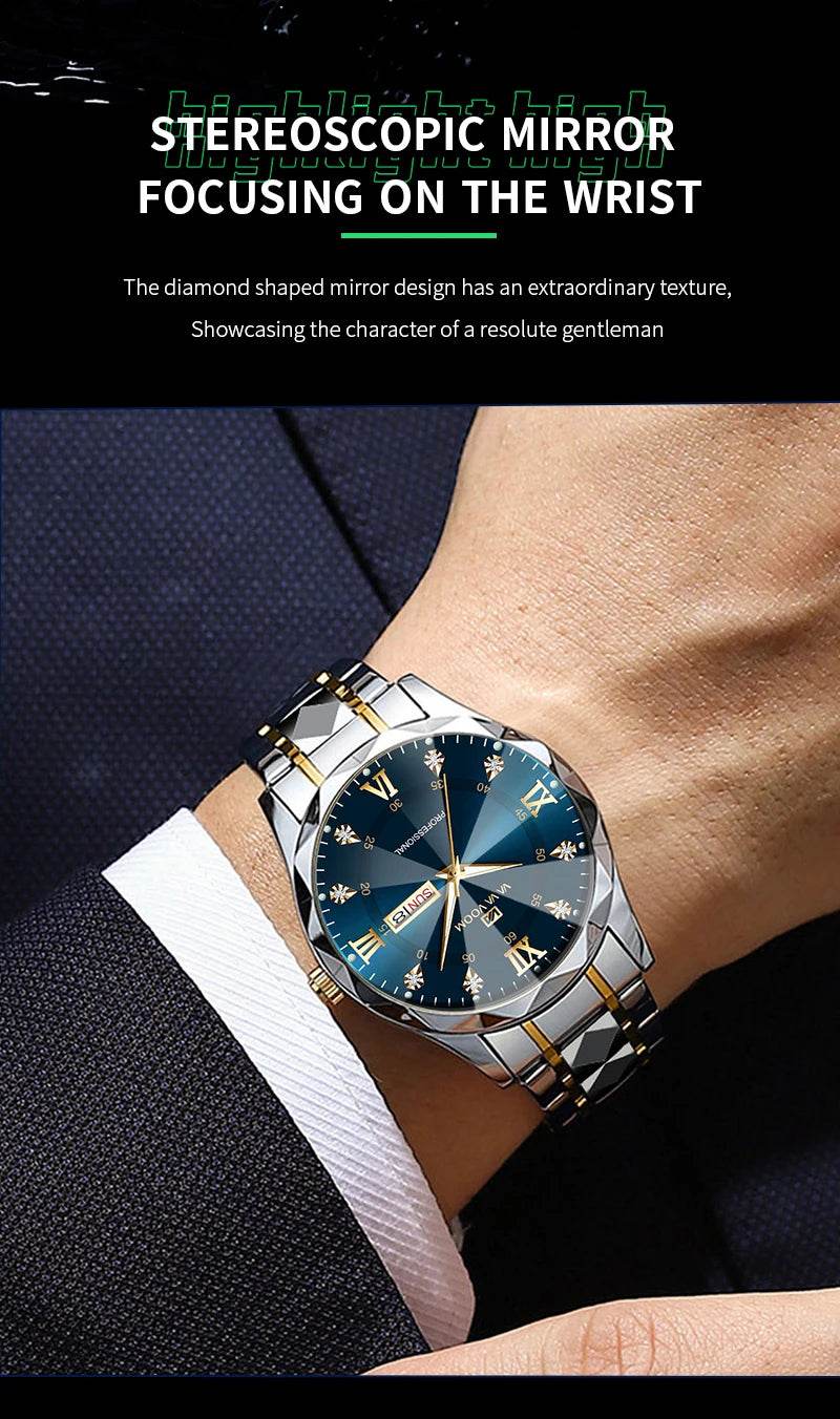 Men Watch Water Diamond Luxury Night Glow Double Calendar Quartz - Lux Waches Max