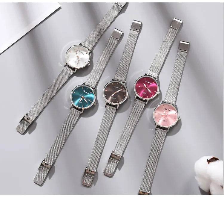 Watches For Women Luxury Silver Popular Pink Dial Flowers Metal Ladies Bracelet Quartz - Lux Waches Max