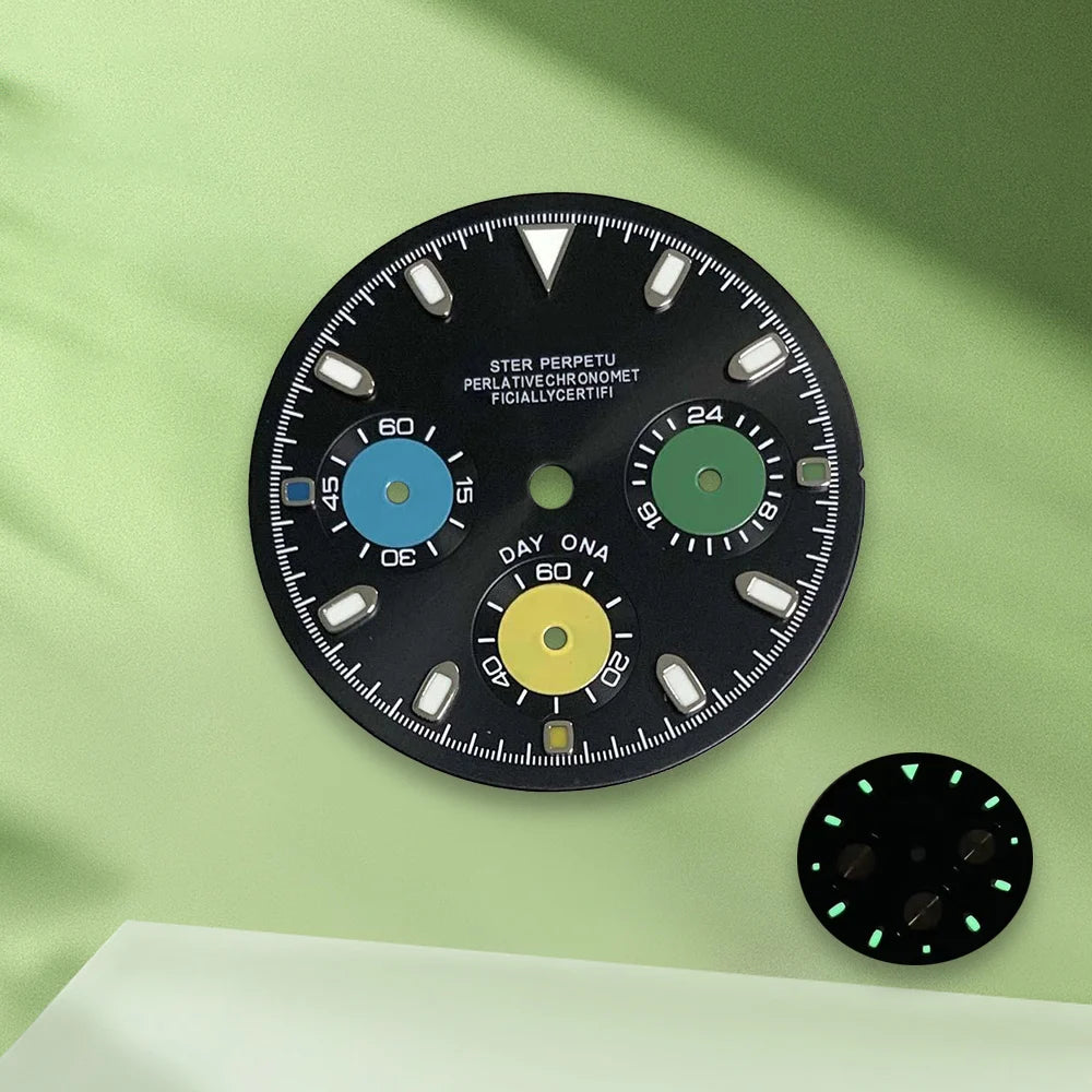 29.8mm S Logo Colorful Panda Dial VK63 dial No Hands Suitable for VK63 Movement Green Luminous Watch Modification Accessories