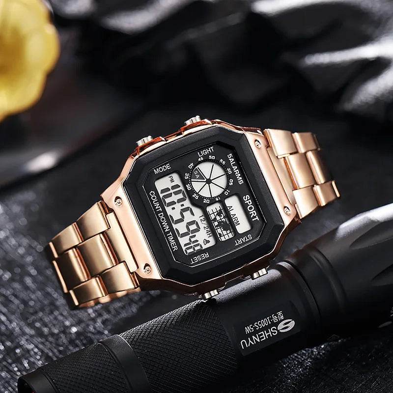 YIKAZE Luxury Stainless Steel Strap Sport Watches Men Military Digital Watches Waterproof Clock LED Men's Sport Wristwatch - Lux Waches Max