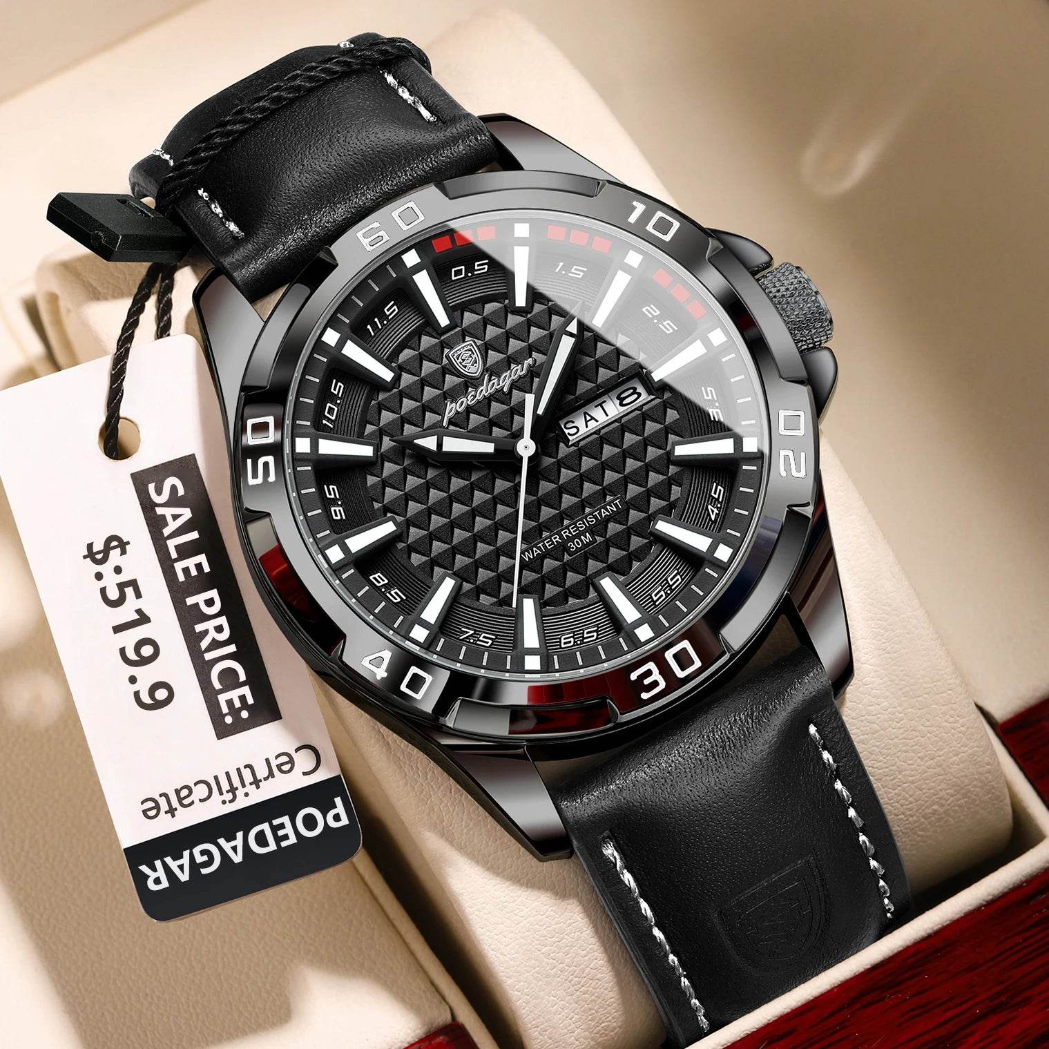 POEDAGAR Original Man Wristwatch Top Luxury Waterproof Luminous Date Week Watch For Men Quartz Sport Leather Men's Watches Reloj - Lux Waches Max
