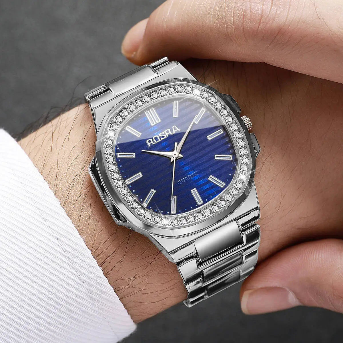 Luxury Rhinestone Man Wristwatch Fashion Square Steel Band Men Business Watches Quartz Wristwatch Reloj Hombre（Without Box）