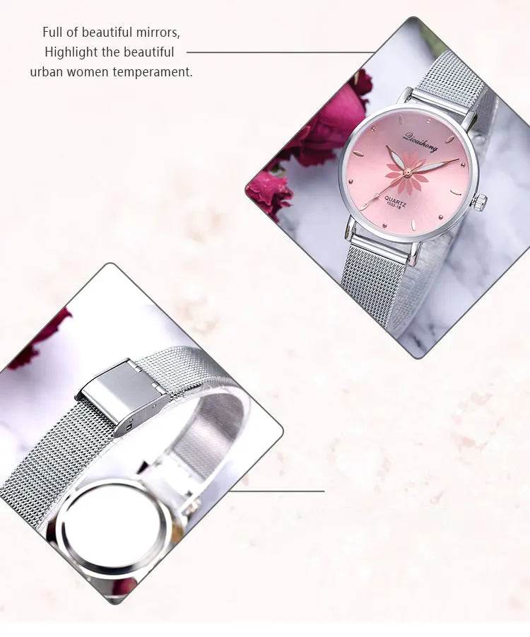 Watches For Women Luxury Silver Popular Pink Dial Flowers Metal Ladies Bracelet Quartz - Lux Waches Max