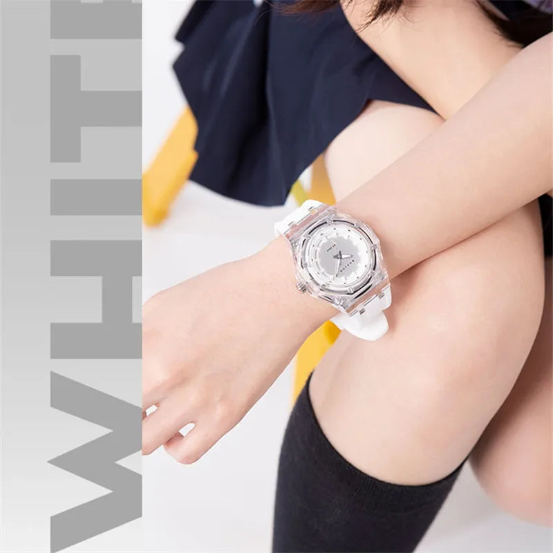 BOZLUN Fashion Quartz Watch For Men Women Transparent Crystal Case Stylish Unisex Wristwatches Rubber Strap Band