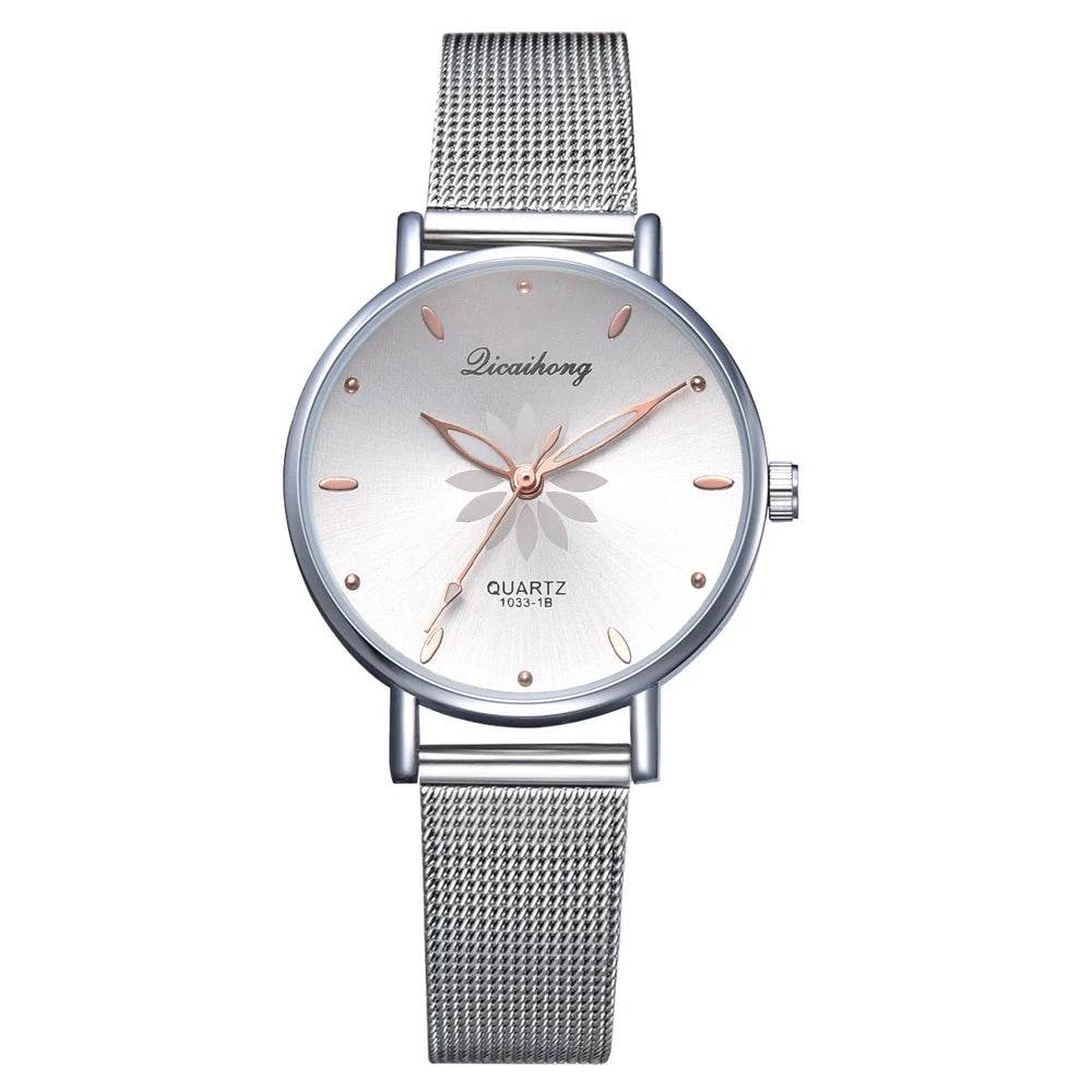Watches For Women Luxury Silver Popular Pink Dial Flowers Metal Ladies Bracelet Quartz - Lux Waches Max