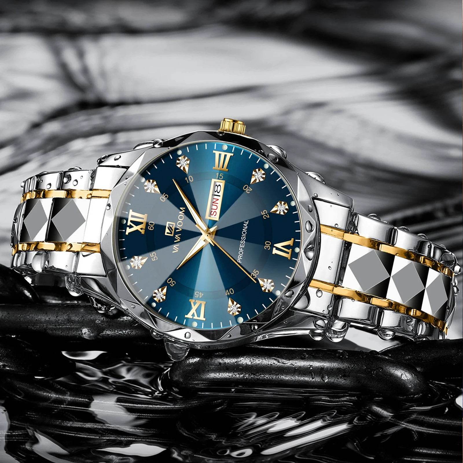 Men Watch Water Diamond Luxury Night Glow Double Calendar Quartz - Lux Waches Max