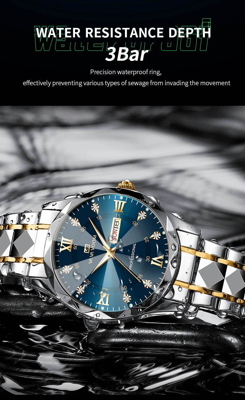 Men Watch Water Diamond Luxury Night Glow Double Calendar Quartz - Lux Waches Max