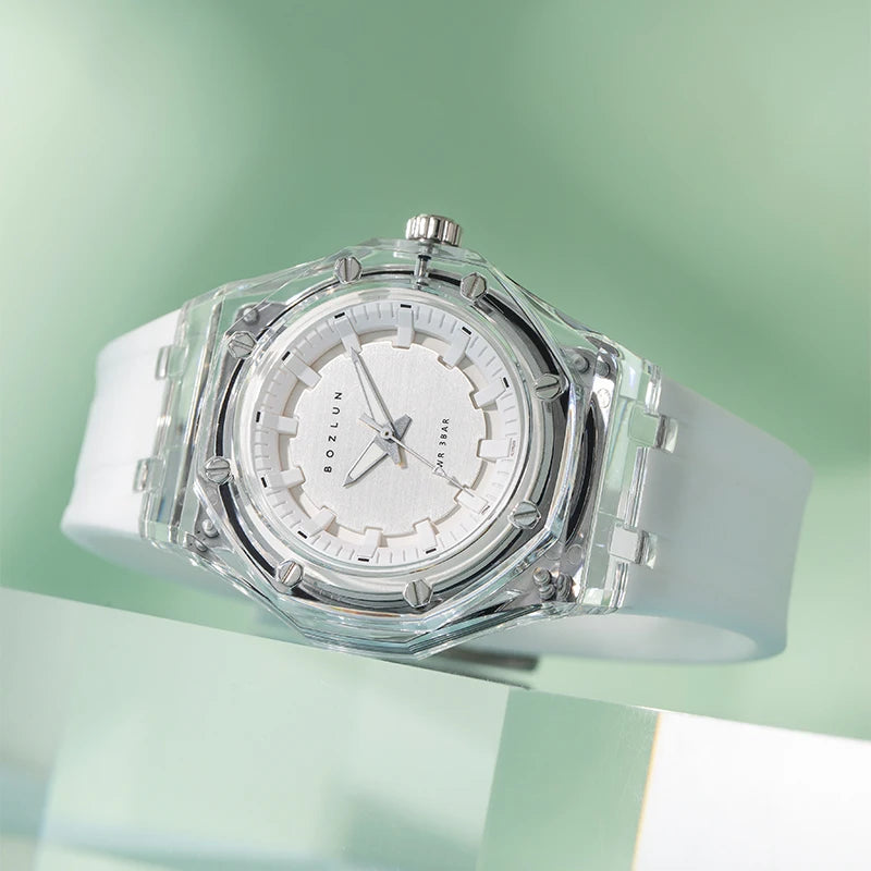 BOZLUN Fashion Quartz Watch For Men Women Transparent Crystal Case Stylish Unisex Wristwatches Rubber Strap Band