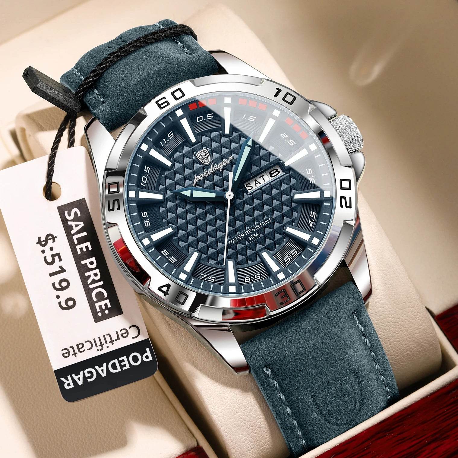 POEDAGAR Original Man Wristwatch Top Luxury Waterproof Luminous Date Week Watch For Men Quartz Sport Leather Men's Watches Reloj - Lux Waches Max