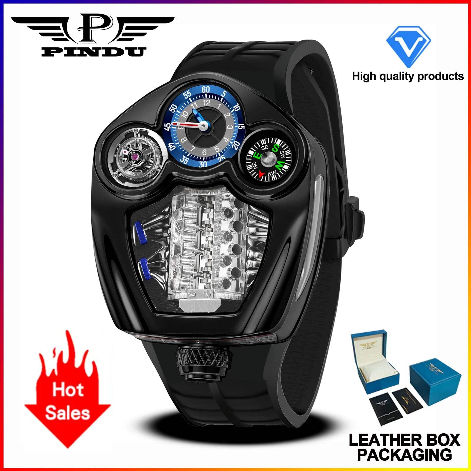 PINDU Design NEW Engine Series Quartz Watch Men TOP-luxurious Stainless steel Compass Waterproof Swiss quartz 762 movement watch - Lux Waches Max